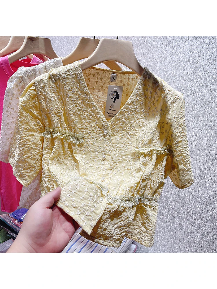 

Блузка женская Свободная однобортная с V-образным вырезом и коротким рукавом