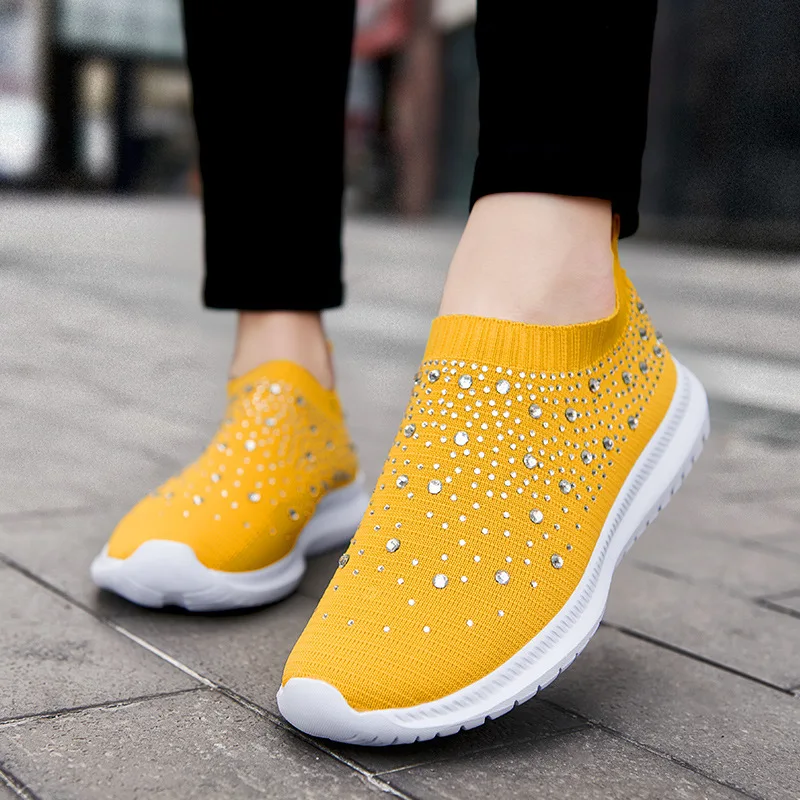 

Women Casual Sneakers Knitted Flats Loafers Ladies Slip-on Sock Shoe Women's Crystal Vulcanized Summer Shoes Tennis New