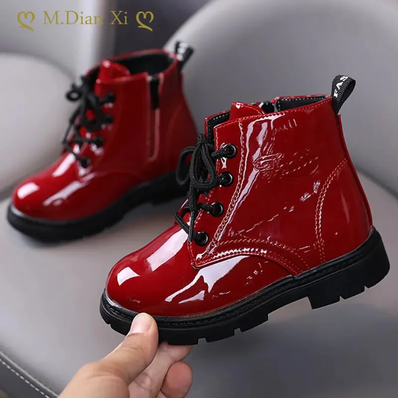 

2024 Winter Pu Leather Girls Boots Shoes Rubber Sole Flat with Boys and Kids Boots Shoes Fashion Size 21-30 Girls Baby Boots