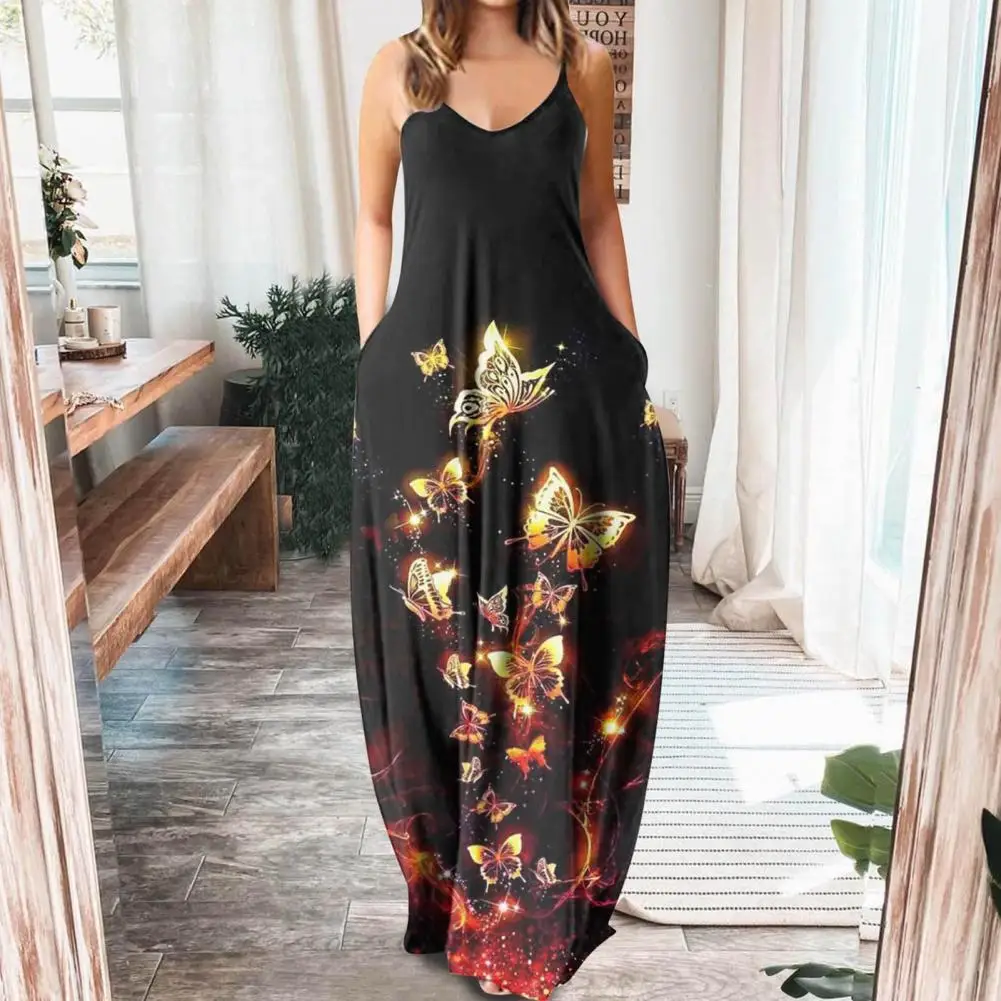 

Boho Dress Butterflies Long Dress Suspenders Large Hem Maxi Dress