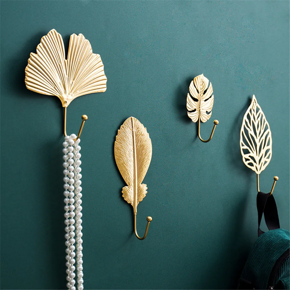 

Nordic Leaf Shape Hook Luxury Golden Adhesive Holder Coat Rack Wall Coat Key Hanger Free-Hole Wall Hanging Home Decoration