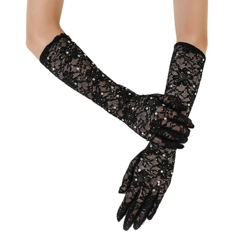 

L5YA Luxurious Stretch Rhinestones Gloves Sparkly Lace Long Glove Nightclub Supplies