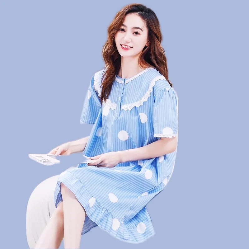 Summer Casual Women's Plaid Nightdress For Women Elastic Cotton Flower Nightgown O-Neck Short Sleeve Nightwear Fashion Clothes