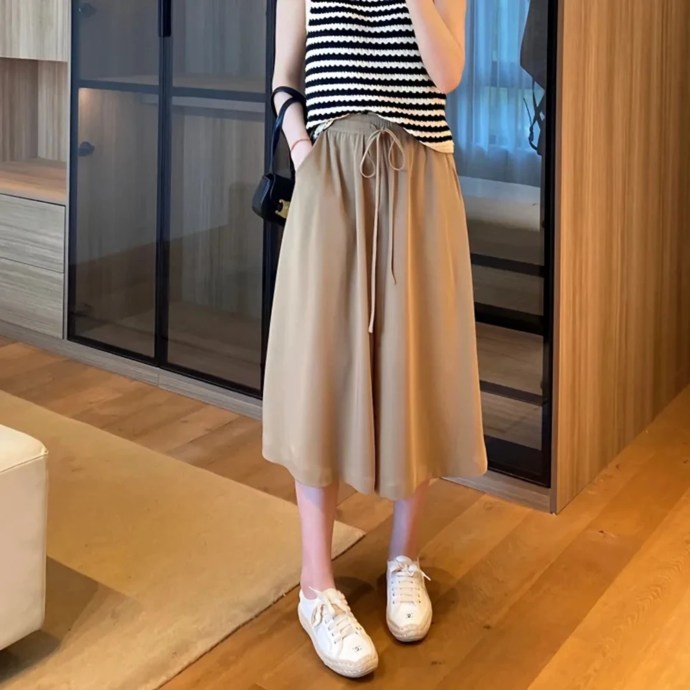 

Брюки женские шифоновые до щиколотки, повседневные свободные штаны с эластичным поясом и карманами, черные брюки-юбка цвета хаки, на лето