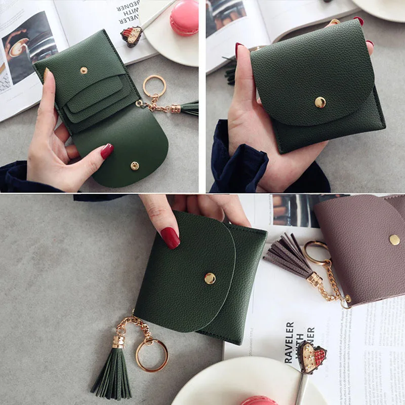 Wallets Women Coin Purse Ladies Pu Leather Simple Tassel & Metal Ring Clutch Keychain Thin Key Bag Card Holders Mini Pouch