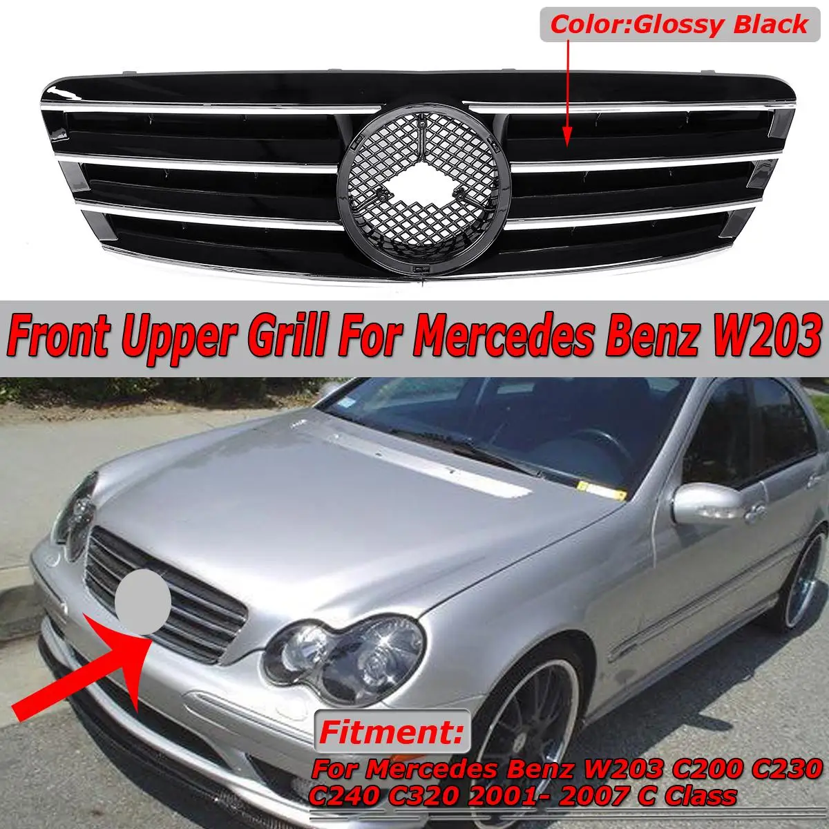 

Car Front Bumper Grille Racing Grills Glossy Black For Mercedes Benz W203 C200 C230 C240 C320 2001-2007 Car Body Styling Kit