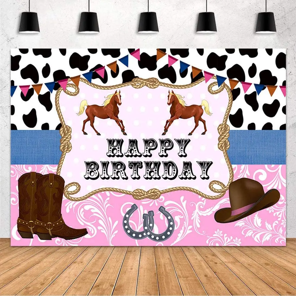 

Cowboy Cowgirl Birthday Backdrop Black and White Pink West Cowboy Hat Riding Boots Horse Photograph Background Table Banner