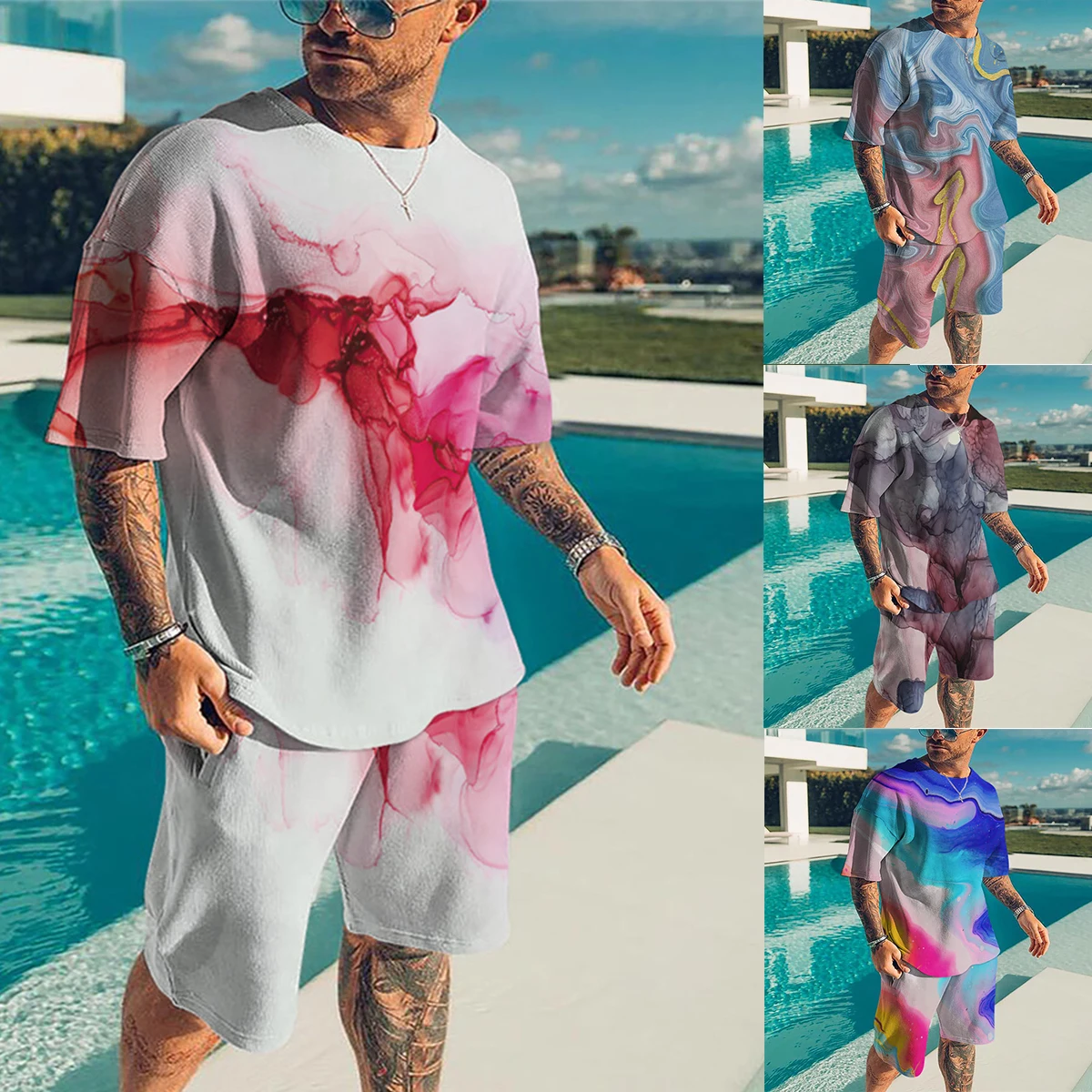 

Костюм спортивный мужской с шортами и 3D-принтом, комплект спортивной одежды для фитнеса, рубашка, модная брендовая одежда