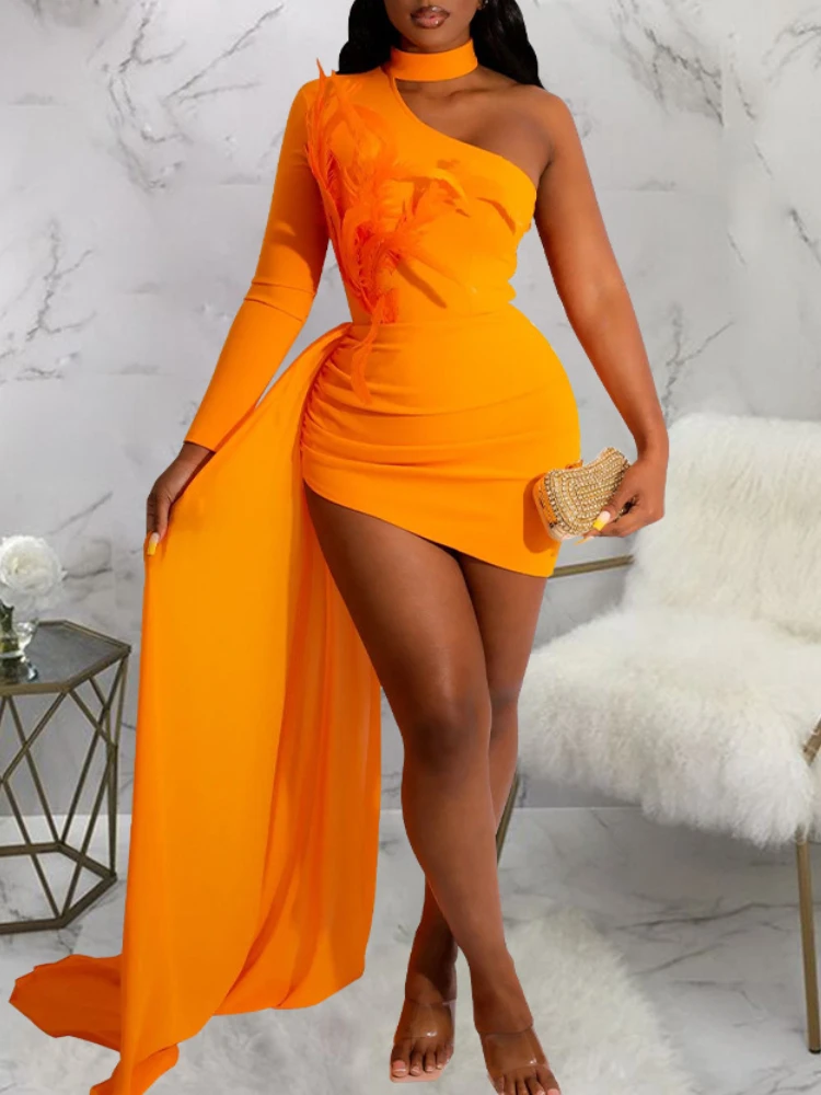 

Women Mini Dresses Sexy Halter Sexy Elastic with Feather Package Hip Large Size One Sleeves Draw String Zipper Up Summer Fashion