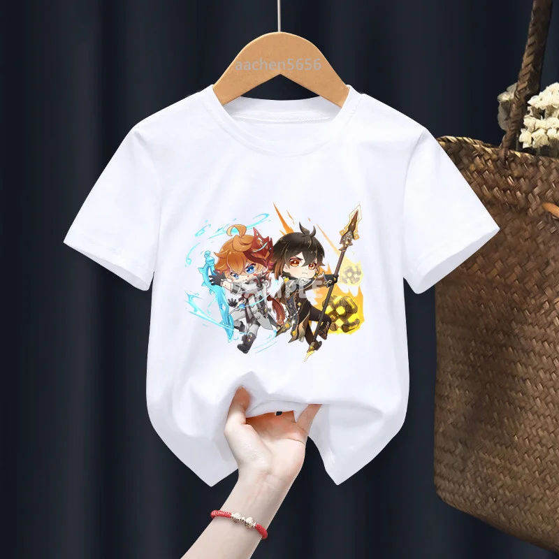 Genshin Impact Funny Boy Girl T-shirts Children Anime Gift Present Little Baby Harajuku Kids Summer Clothes Graphic Tee