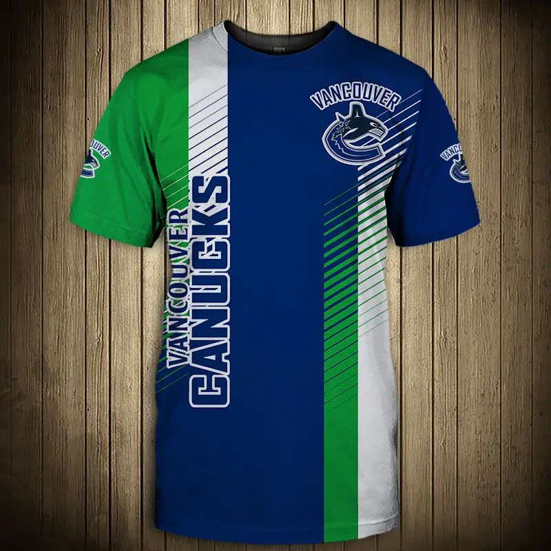

Vancouver Fashion Casual Men Canucks t-shirt Striped Stitching Blue Cartoon Fish Print Cool Tops