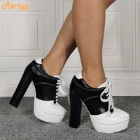 blackwhite mixed color platform boots lace up chunky heel sports style high heels women plus size 46 round toe short boots