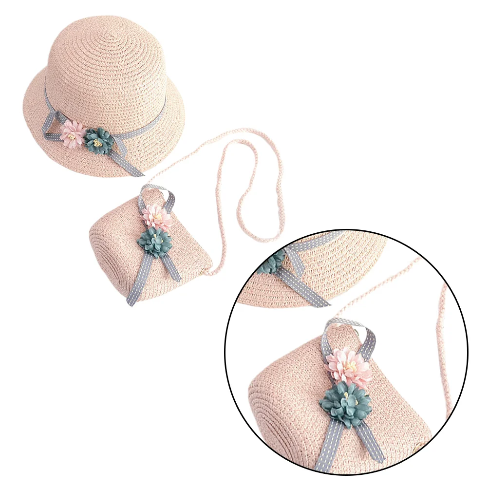 

Hat and Bag Set, Woven Sun Hat Shoulder Bag with Flowers Wide Beanie Cap for Summer Beach Travel