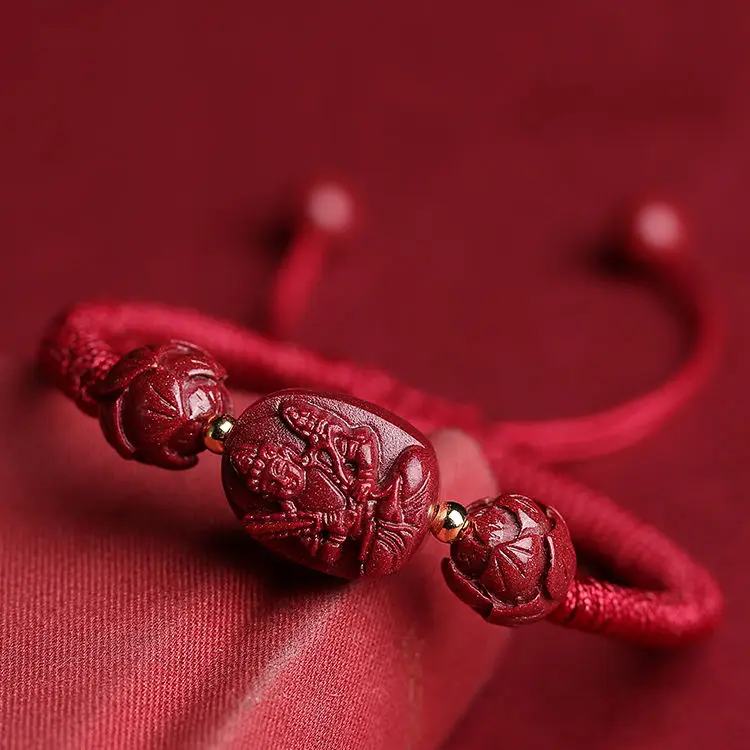 Authentic Cinnabar Twelve Zodiac Buddha Beads Birth Buddha Bracelet Manshu Bodhisattva Hetian Jade Bracelet Handmade Hand Rope