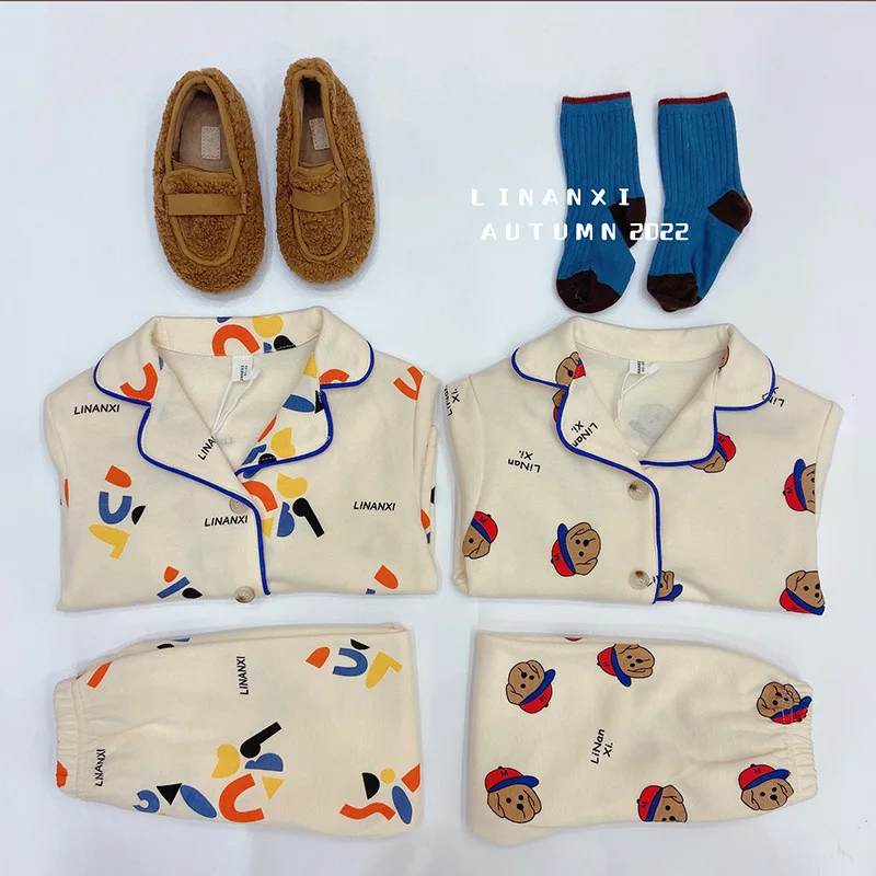 

Children's Clothing Set Autumn Winter Long Sleeve Button Down Children's Pajamas for Girls Cartoon Plaid Warm Home Wear