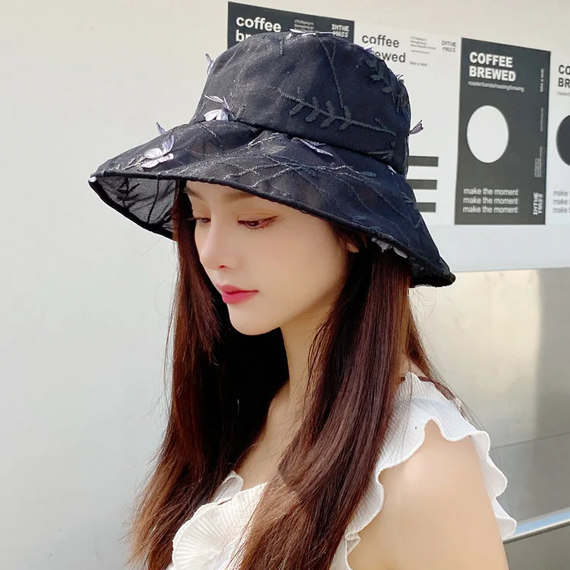 

Korean Lace Sun Hat Women Summer Fisherman Hat Beach Light Casual Embroidery Fashion Three-dimensional Butterfly Basin Hats