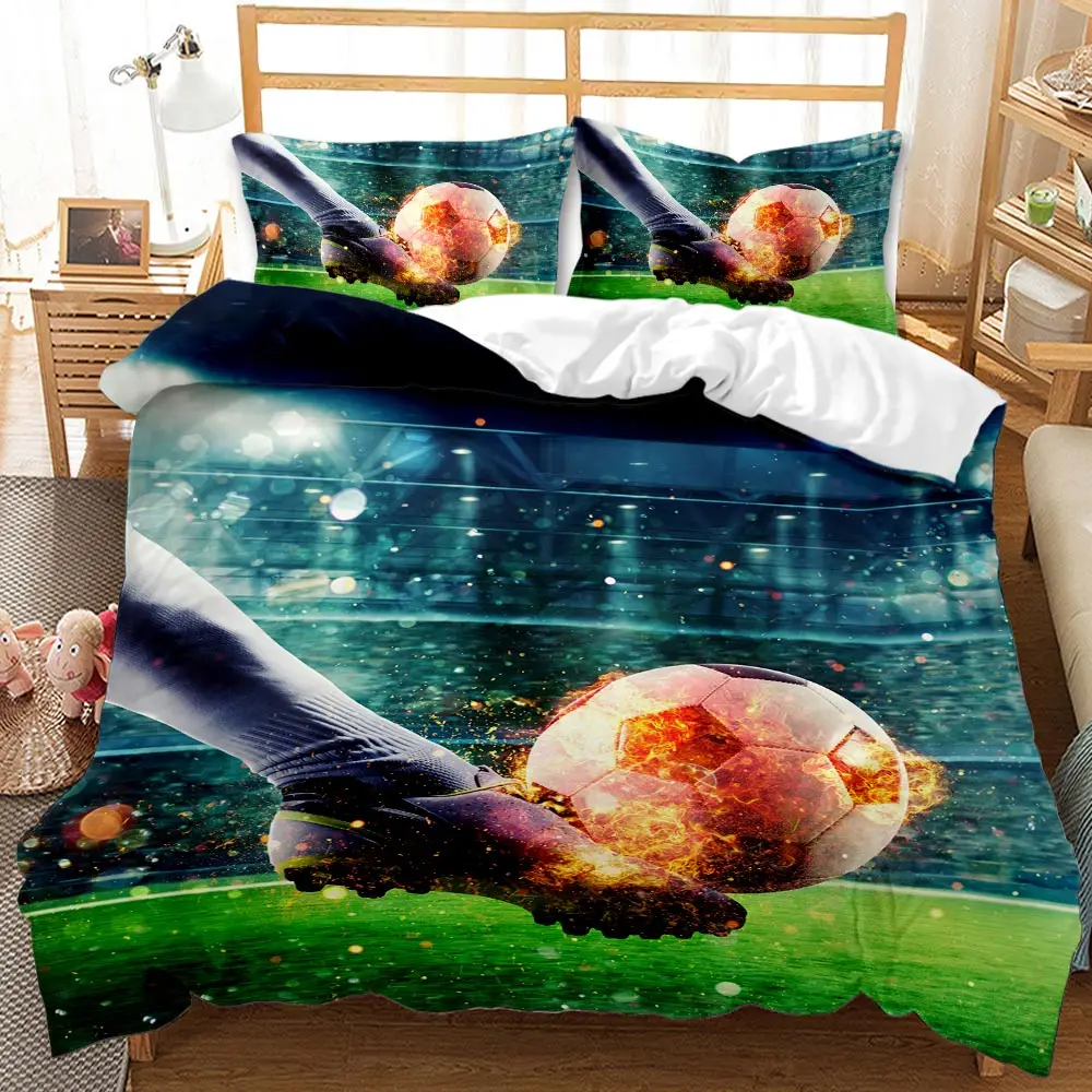 

3D Printed Football Comforter Cover Set for Kids Boys Soft Microfiber Queen/King Size Soccer Duvet Cover Set Sports Blue Flame