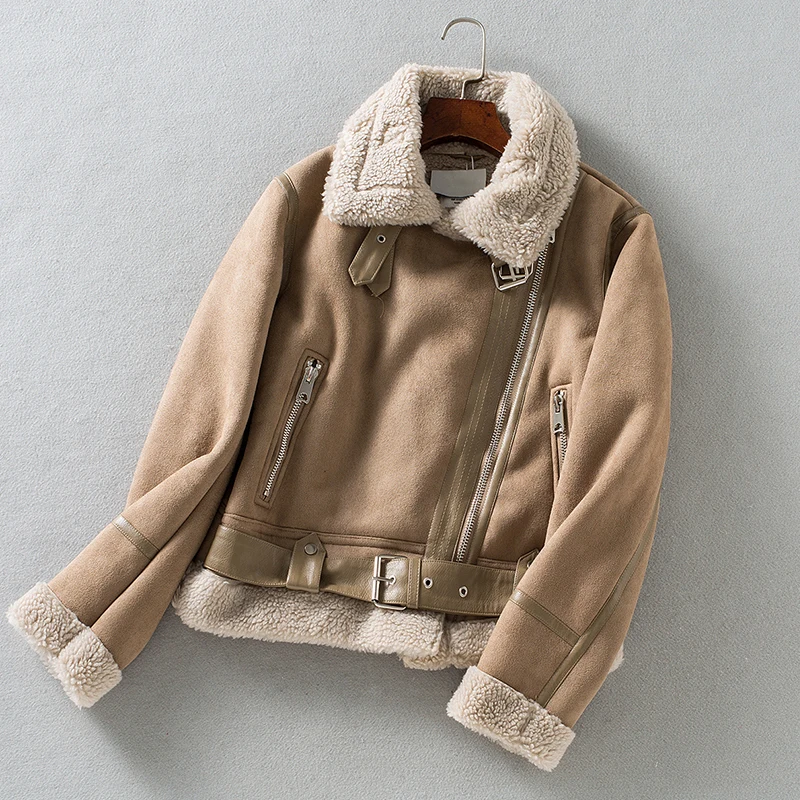 

New Winter Women Thick Warm Faux Lamb Leather Jacket with Belt Streewear Suede Turndown Collar Moto Biker Coat Outwear