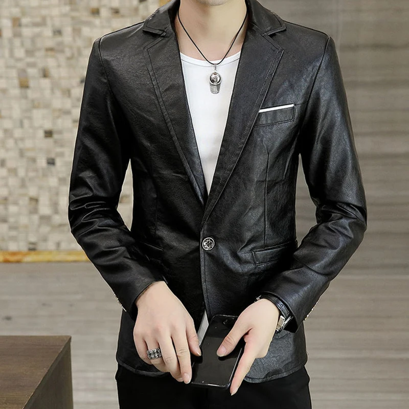 Idopy Men`s Faux Leather Jacket Business Classic Slim Fit Pockets Office Business Outerwear Blazer Jacket and Coat For Male