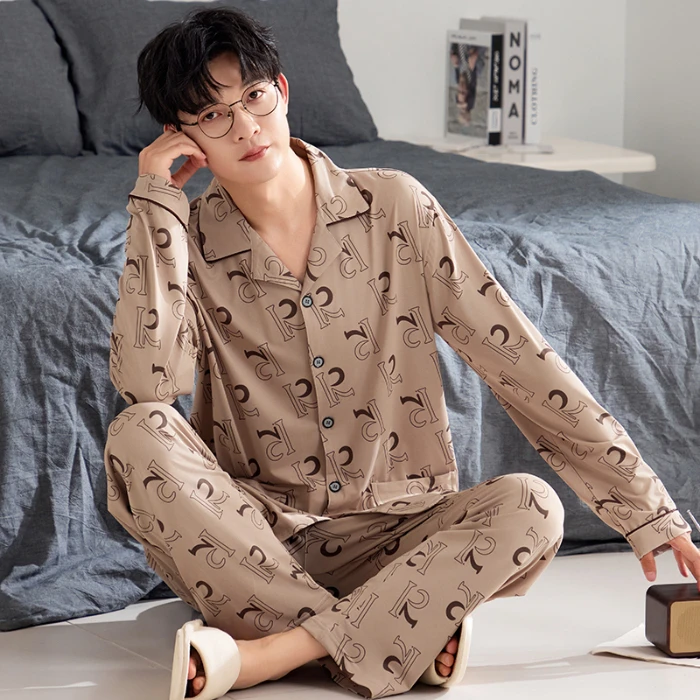Мужские пижамы хлопковые осенние брюки с длинным рукавом кардиган на весну и