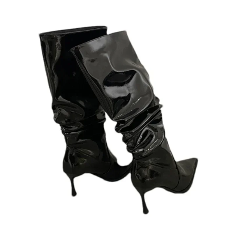 Женские кожаные высокие сапоги на высоком каблуке с пуантами