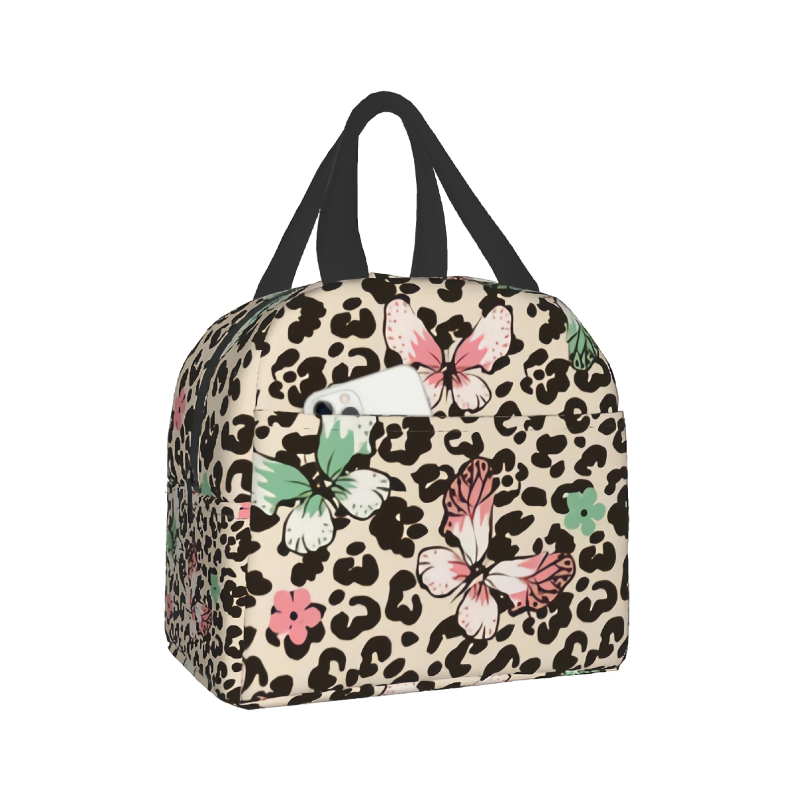 

Butterflys And Flowers On Leopard Dots Reusable Insulated Lunch Bag Leakproof Cooler Tote Bag Leopard Grain Freezable Lunch Box