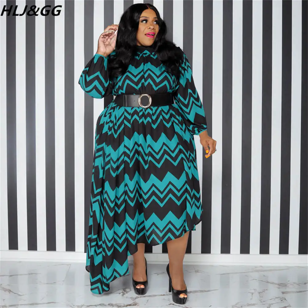 HLJ&GG Elegant Stripe Print Belt Dresses Women Long Sleeve Loose Irregularity Dress Vestidos Fall Female Plus Size Clothing 5XL
