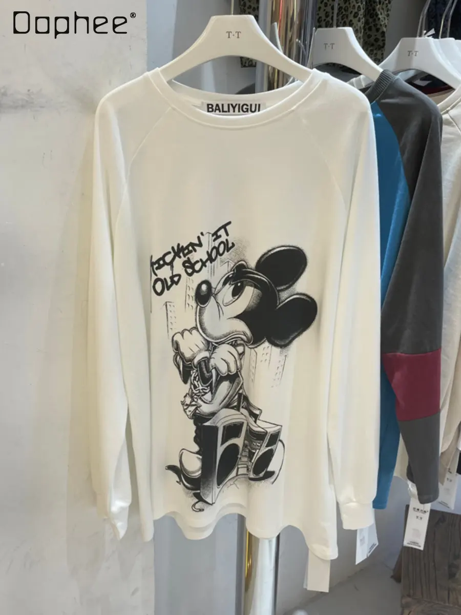 

Spring and Autumn New Alphabet Cartoon Printed Pullover Sweatshirts Women's Loose Round Neck Oversized Long Sleeve T-shirt Top