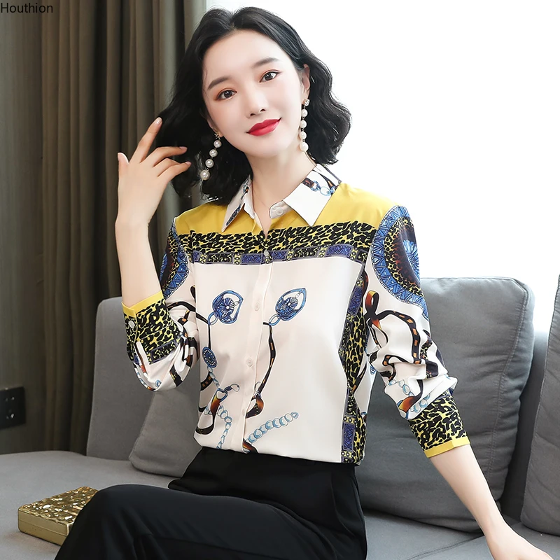 

Рубашка-поло женская с длинным рукавом, Атласный топ с принтом, Повседневная модная свободная одежда, Houthion, лето