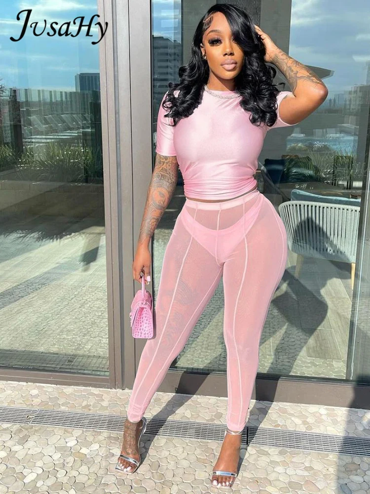 

Костюм женский прозрачный из топа с коротким рукавом и брюк с высокой талией