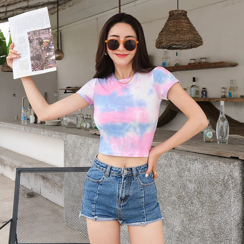 

Women's summer round neck stretch top cotton slim-fit sexy navel thread tie-dyed sports casual T T-shirt short sleeve yoga top