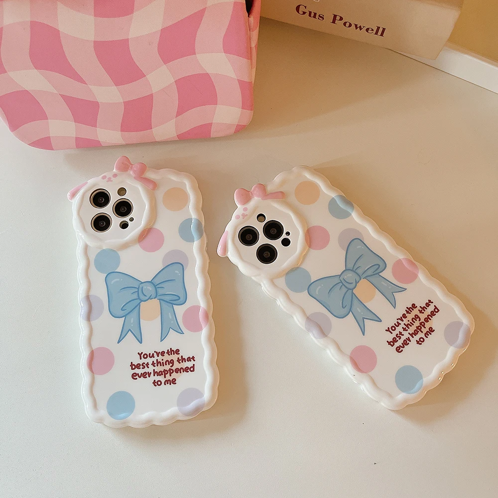 

Colorful Polka Dot Blue Bow Cat Lens Phone Case For Iphone 11 12 13 14 Pro Max X Xs Xr Plus SE Fashionable Silicone Anti-drop