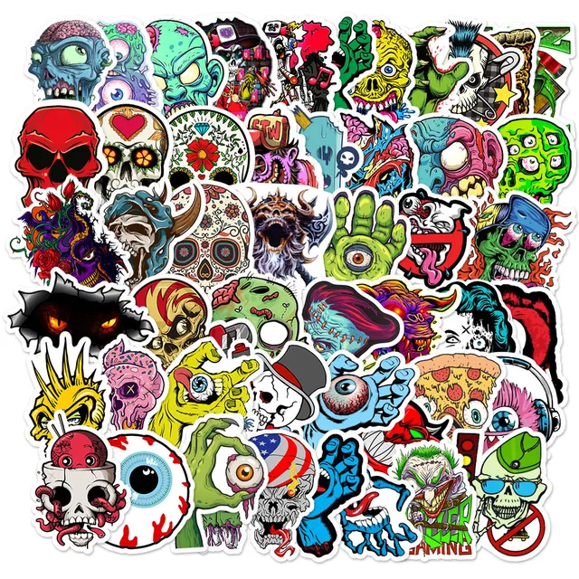 10/30/50Pcs Cool Pop Horror Skull Stickers Cartoon Decals Stationery Luggage Laptop Helmet Motorcycle Graffiti Zombie Sticker 3