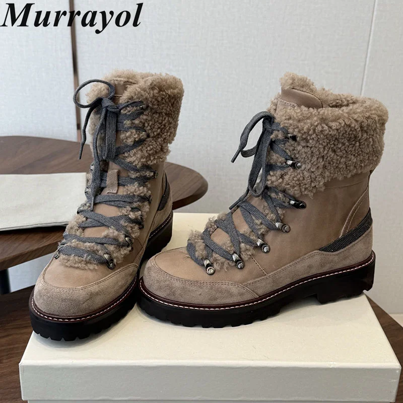 Фото Женские зимние ботинки с меховой подкладкой, складным воротником, шнуровкой, плоской толстой нескользящей подошвой, теплые, с подкладкой из натуральной шерсти, короткие ботинки для улицы. №2
