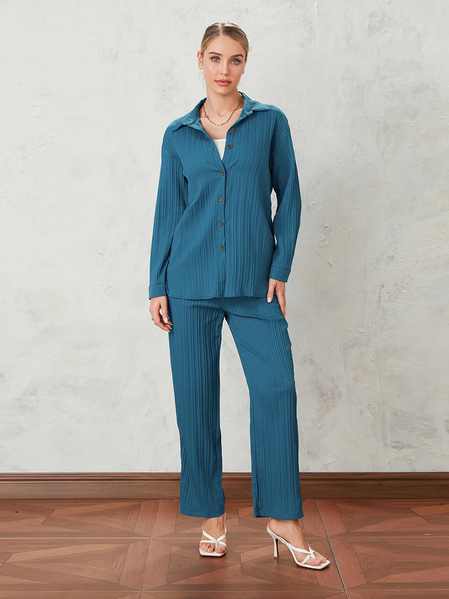 

Women Pants Suit Elegant Long Sleeve Shirt with Elastic Waist Pants Solid Office Outfit