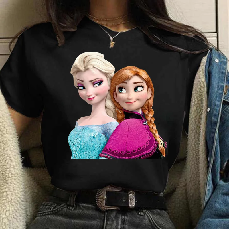 Disney New Elsa Anna Print T-shirt Kawaii Cartoon Graphic Tops Women Harajuku Tees Frozen Clothes Female O Neck Loose T Shirts