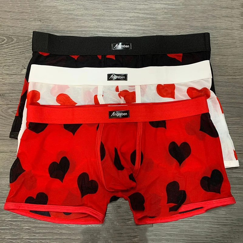 3 Pcs/Lot Men's Underwear Transparent Mesh Printing Large Size Men's Boxer Briefs Fashion Trendy Men's Breathable Sexy Boxers