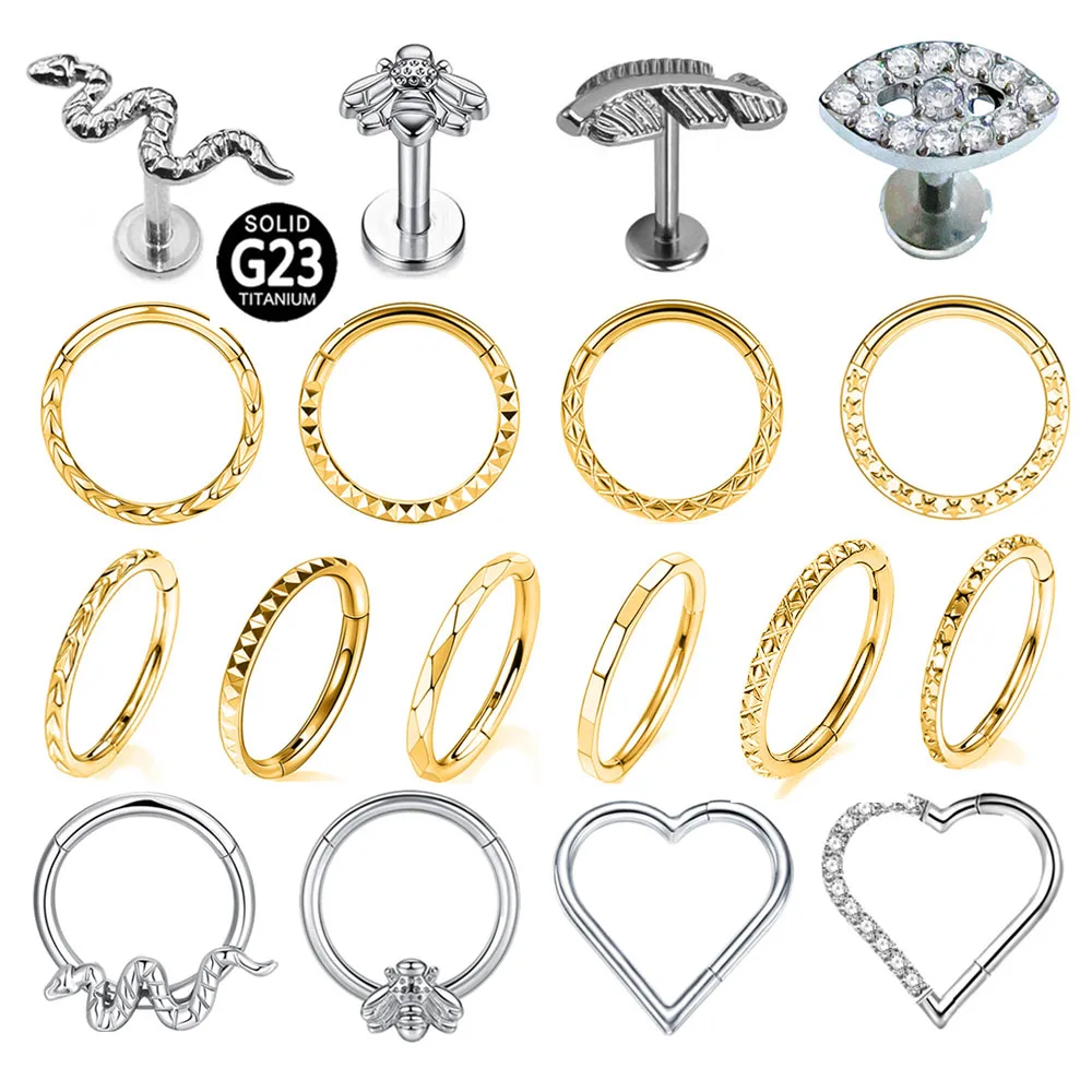 

50pc 100pc/Lot ASTM F136 G23 Titanium 16G Snake Bee Feather Labret Stud Heart Daith Earring Hoop Ring Helix Septum Piercing