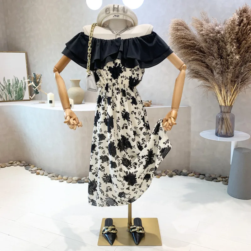 

Женское платье с открытыми плечами, контрастное тонкое платье средней длины с оборками, Новинка лета 2022