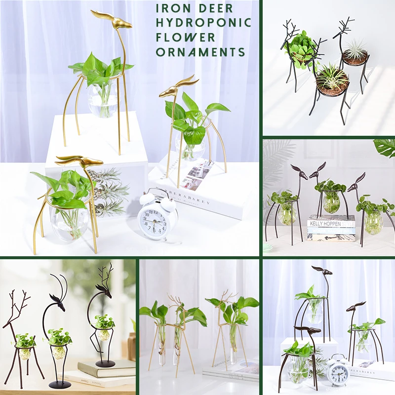

Iron Shaped Fawn Hydroponic Vase Container Decoration Fawn Bracket Hydroponic Plant Transparent Glass Vase Mini Glass Vase