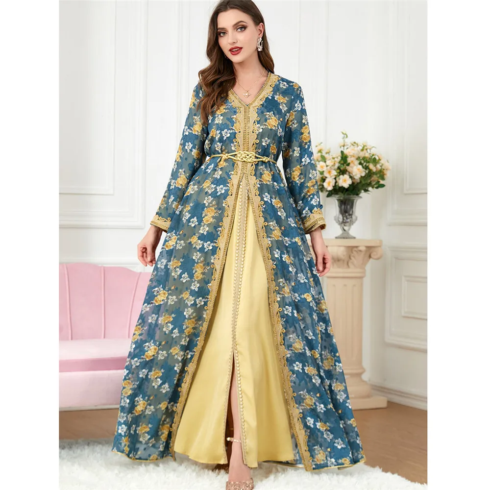 

Moroccan Ramadan Abaya Floral Print Kaftan for Women Belted Muslim Set 2 Piece Long Maxi Dress Jalabiya Evening Gown Dubai Suits