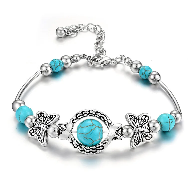 

Turquoise Beads Bracleet Antique Silver Butterfly Charm Chain Bracelet Anklet Chains Jewelry Wrist Bracelets Women Lady Gift