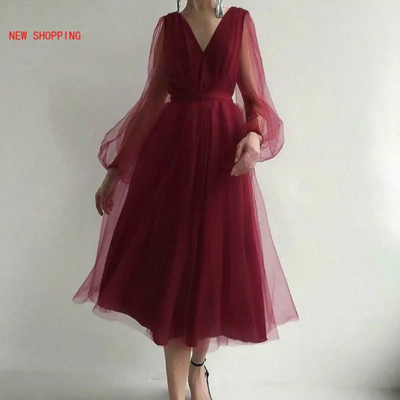 Купи Women Sexy V-neck Party Dresses 2022 Autumn Elegants Lady Lantern Sleeve Slim Waist Red Mesh A-line Dress Mujer Vestidos Black за 1,179 рублей в магазине AliExpress