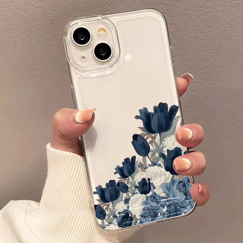 Прозрачный чехол для iPhone 17161514131211 Pro Max с элегантным узором: глубокий синий тюльпан и белые цветы (art.: 3920db97bfd3f) - 3920db97bfd3f