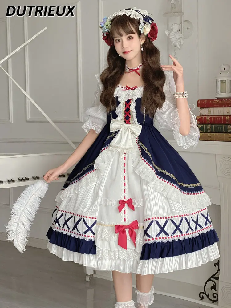 

Original Genuine Court Lolita Dress Op Gorgeous Heavy Industry Lace Princess Dress Summer Sweet Cute Girl Waist Mid-Sleeve Dress