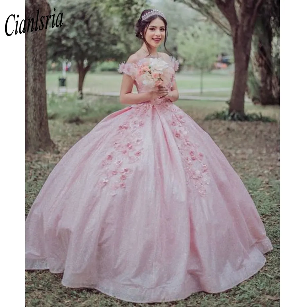 

Sparkly Ball Gown Quinceanera Dresses 2022 3D Flower Sweetheart Applique Sweet 15 16 Dress Birthday Party Wear