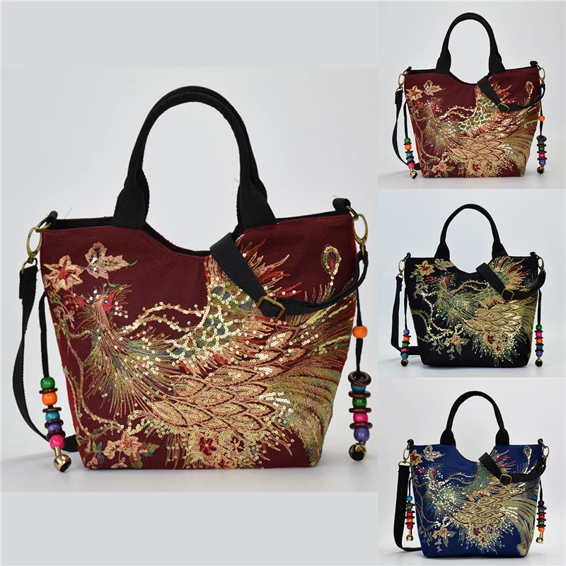 

Women Shoulder Bag Handmade Embroidery Peacock Bohemia Ethnic Style Retro Handbag Large Capacity Tote Messenger Bag for Girl