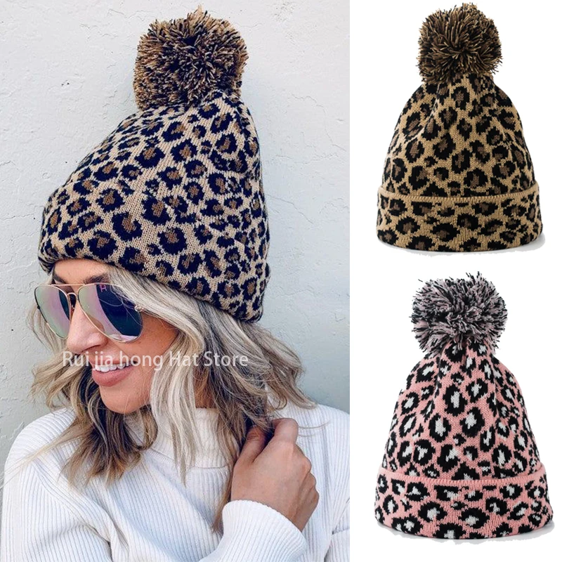 

Fashion Knit Beanie Hat For Women Men Skullcap With Hair Ball Winte Warm Brimless Cap Leopard Print Casual Windproof Winter Hat