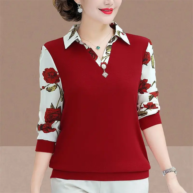 

Long Sleeve Tees Tops Women Autumn Pullover Bottom Shirt Spliced Polo-Neck Stretch for Middle-Aged T-shirt Mother Casual T832