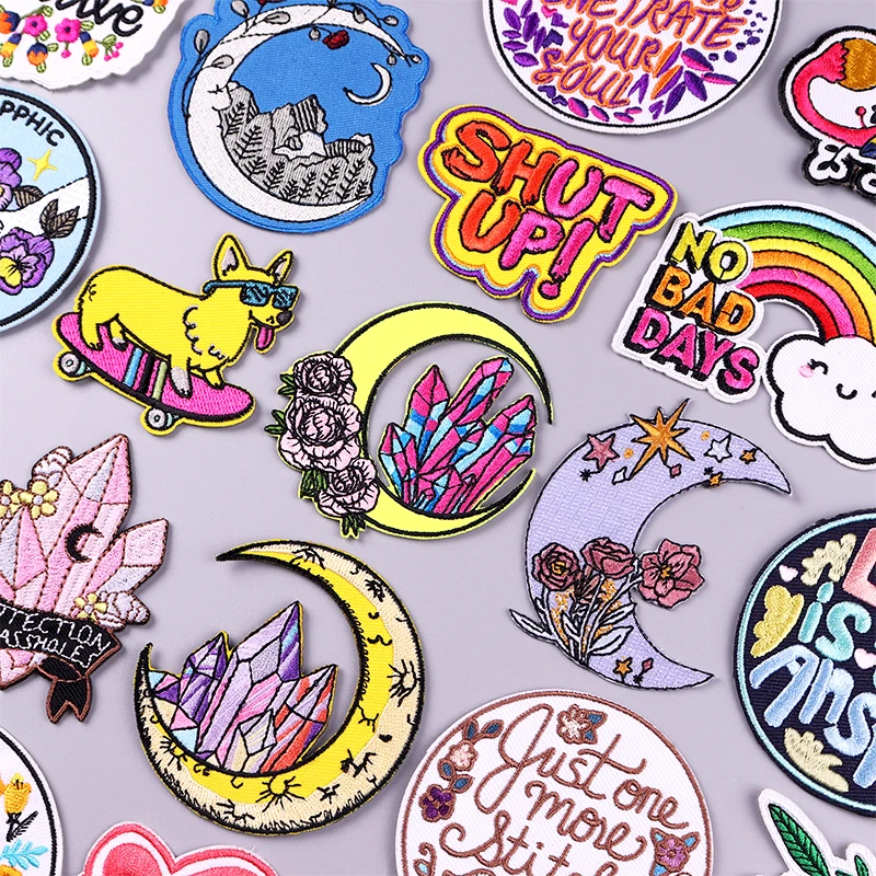 

Moon Crystal Embroidery Patch Iron On Patches For Clothing Flower Embroidered Patches For Clothes Cartoon Patch Hook Loop Badges